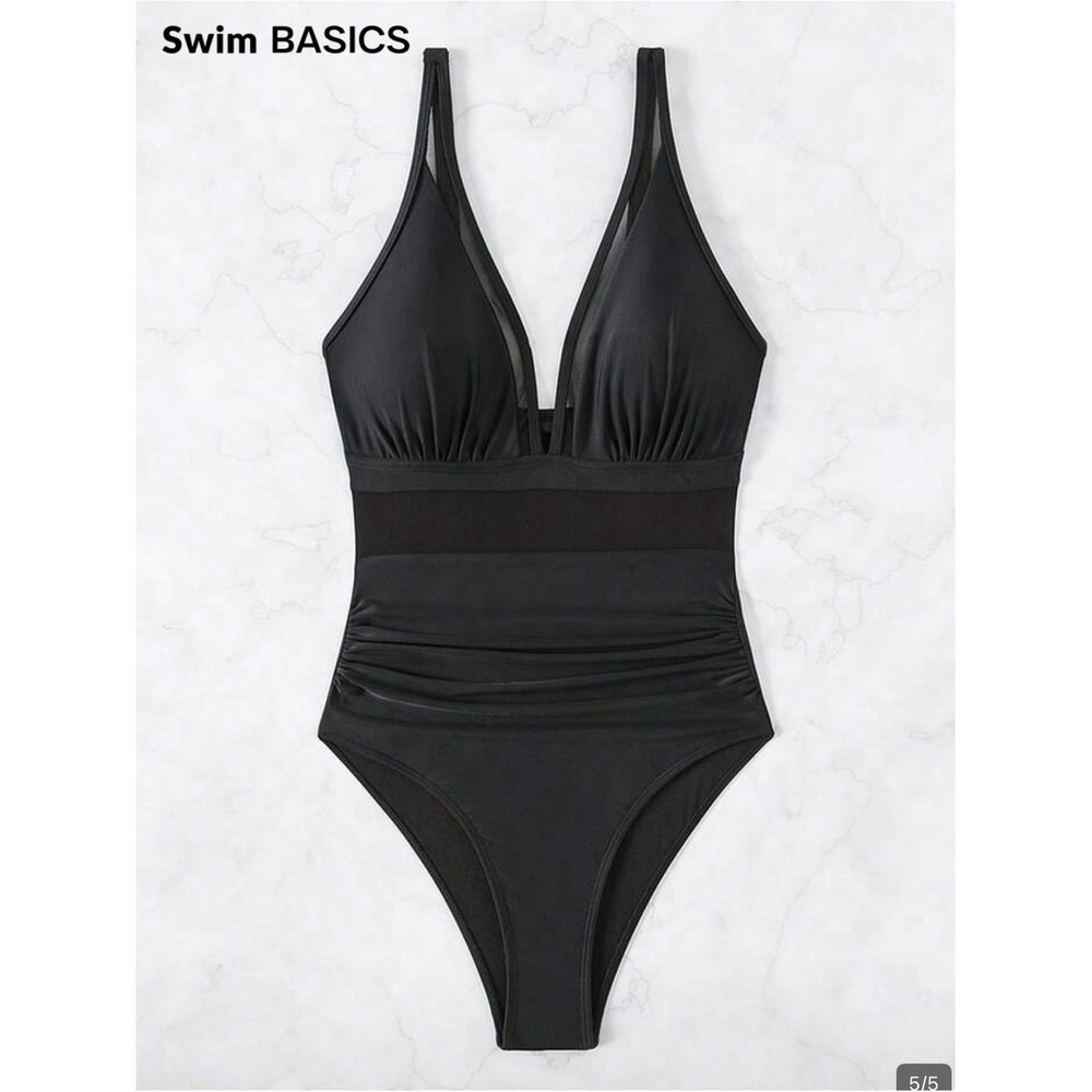 Swim BASICS Women's Black Mesh V-Neck Ruched One Piece Swimsuit Beach Sz XXL 16